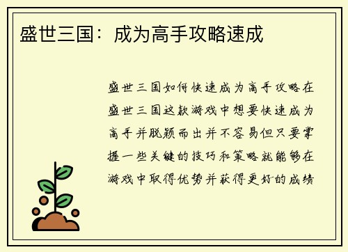 盛世三国：成为高手攻略速成